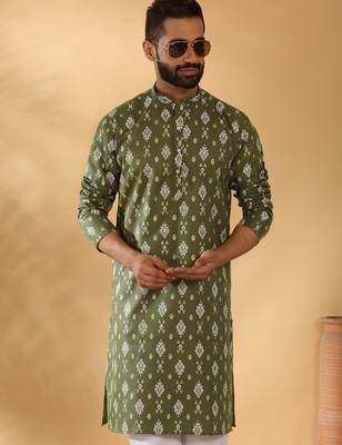 Cotton blend geometric printed green kurta and pyjamas 5