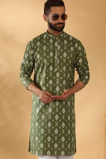 Cotton blend geometric printed green kurta and pyjamas