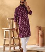 Cotton blend geometric printed maroon kurta and pyjamas