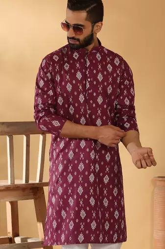 Cotton blend geometric printed maroon kurta and pyjamas