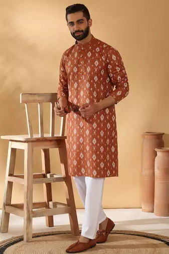 Cotton blend geometric printed rust kurta and pyjamas