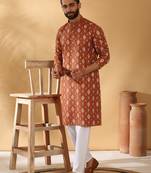 Cotton blend geometric printed rust kurta and pyjamas