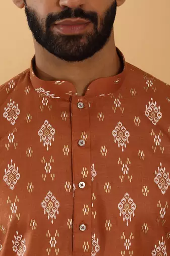 Cotton blend geometric printed rust kurta and pyjamas