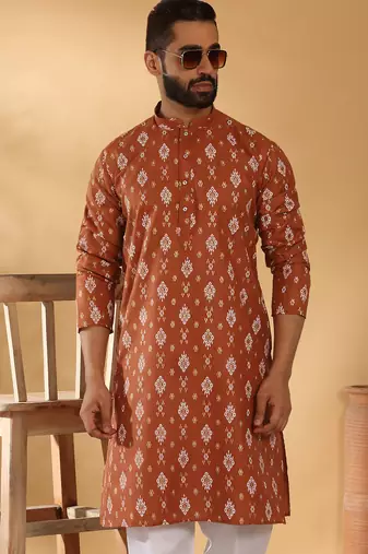 Cotton blend geometric printed rust kurta and pyjamas