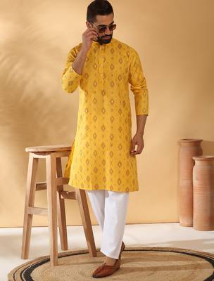 Cotton blend geometric printed yellow kurta and pyjamas 1