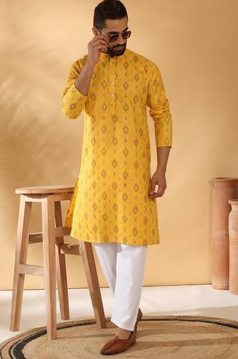 Cotton blend geometric printed yellow kurta and pyjamas