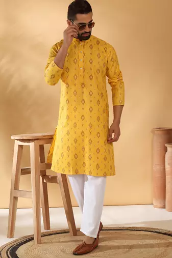Cotton blend geometric printed yellow kurta and pyjamas