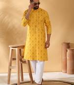 Cotton blend geometric printed yellow kurta and pyjamas