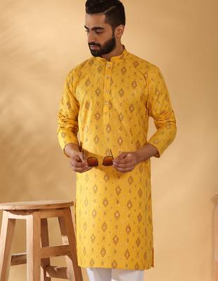 Cotton blend geometric printed yellow kurta and pyjamas 5