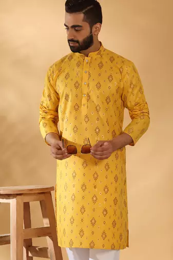 Cotton blend geometric printed yellow kurta and pyjamas