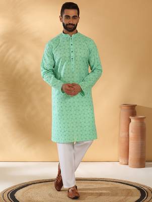 Cotton blend floral printed green kurta and pyjamas 1