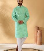 Cotton blend floral printed green kurta and pyjamas