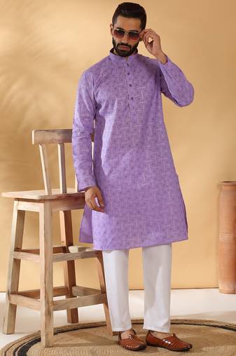 Cotton blend floral printed purple kurta and pyjamas