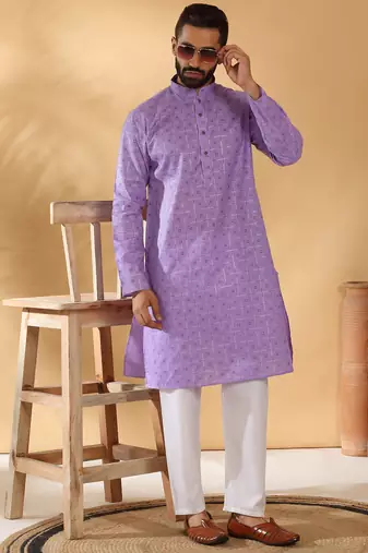 Cotton blend floral printed purple kurta and pyjamas