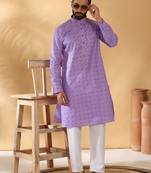 Cotton blend floral printed purple kurta and pyjamas