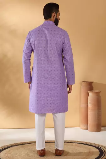 Cotton blend floral printed purple kurta and pyjamas