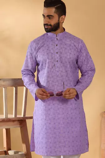 Cotton blend floral printed purple kurta and pyjamas