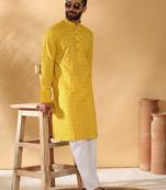 Cotton blend floral printed yellow kurta and pyjamas