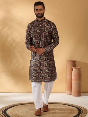 Silk blend abstract printed black kurta and pyjamas 1
