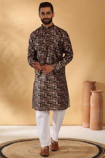 Silk blend abstract printed black kurta and pyjamas