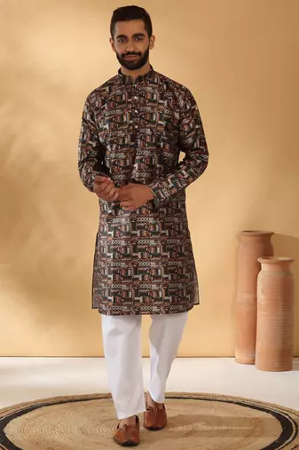 Silk blend abstract printed black kurta and pyjamas