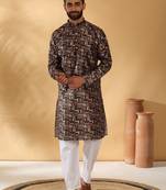 Silk blend abstract printed black kurta and pyjamas