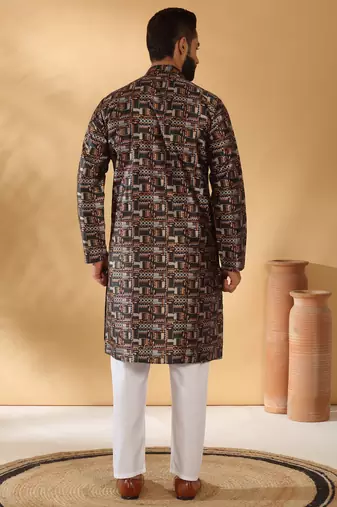 Silk blend abstract printed black kurta and pyjamas