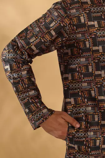 Silk blend abstract printed black kurta and pyjamas