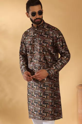 Silk blend abstract printed black kurta and pyjamas