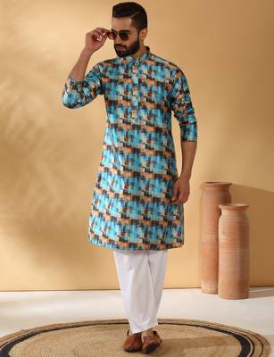 Silk blend abstract printed blue kurta and pyjamas 1