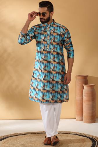 Silk blend abstract printed blue kurta and pyjamas