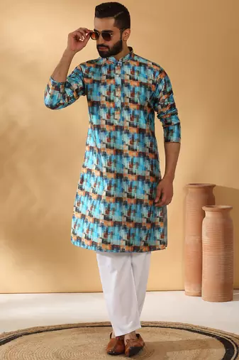 Silk blend abstract printed blue kurta and pyjamas