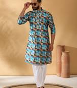 Silk blend abstract printed blue kurta and pyjamas