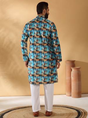 Silk blend abstract printed blue kurta and pyjamas 3