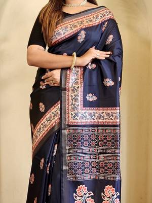 Navy Blue Dola Viscose Digital Printed Saree 1