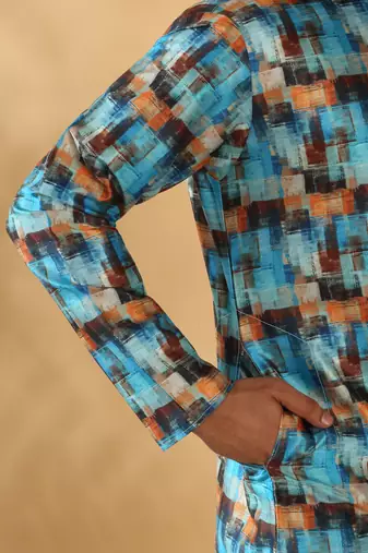 Silk blend abstract printed blue kurta and pyjamas