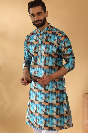 Silk blend abstract printed blue kurta and pyjamas