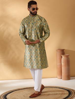 Silk blend abstract printed beige kurta and pyjamas 1