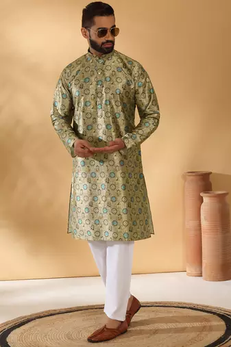 Silk blend abstract printed beige kurta and pyjamas