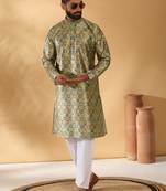 Silk blend abstract printed beige kurta and pyjamas