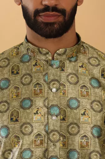 Silk blend abstract printed beige kurta and pyjamas