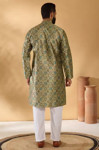 Silk blend abstract printed beige kurta and pyjamas