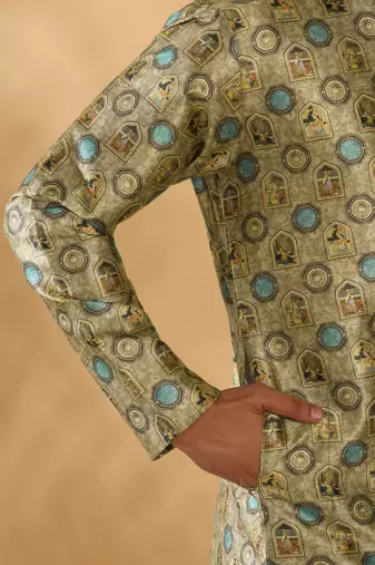 Silk blend abstract printed beige kurta and pyjamas
