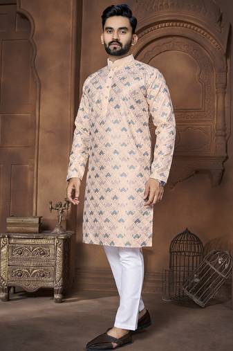 Beige embroidery thread work men's kurta and Pyjamas for Mens