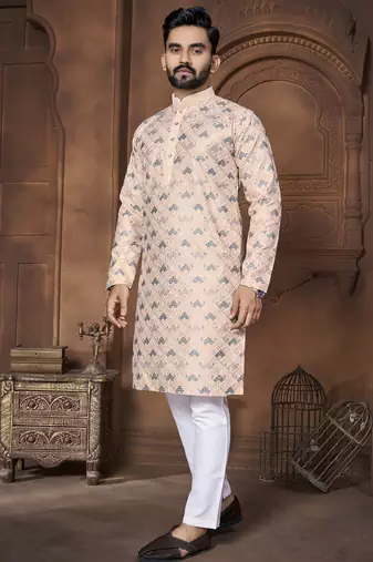 Beige embroidery thread work men's kurta and Pyjamas for Mens
