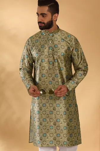 Silk blend abstract printed beige kurta and pyjamas