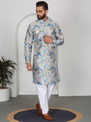 Silk blend floral printed blue kurta and pyjamas 1