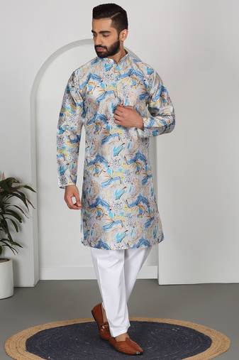 Silk blend floral printed blue kurta and pyjamas