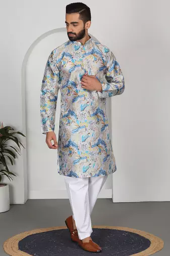 Silk blend floral printed blue kurta and pyjamas