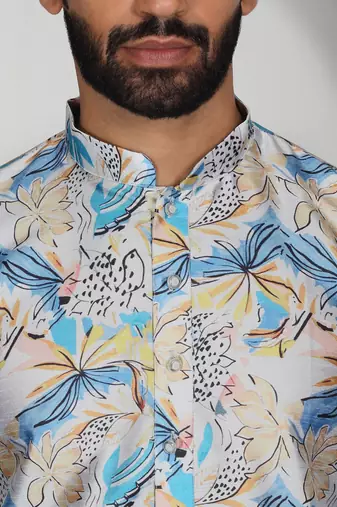 Silk blend floral printed blue kurta and pyjamas